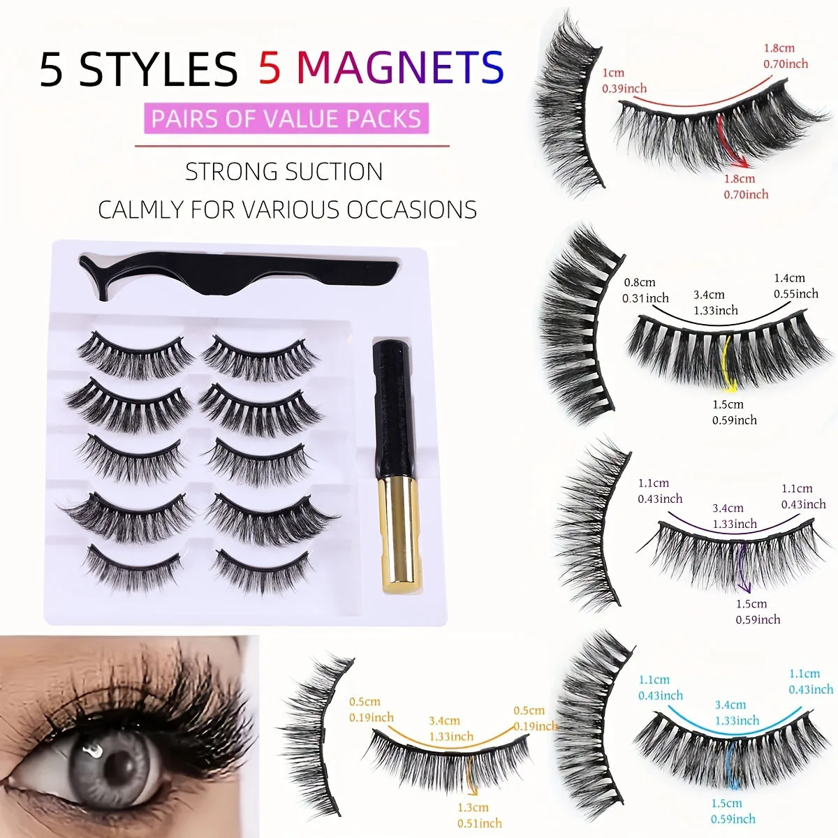 5 pares de kit de pestañas magnéticas: fácil de usar, sin necesidad de pegamento, usando la última tecnología de seis imanes para pestañas postizas 3D 5D