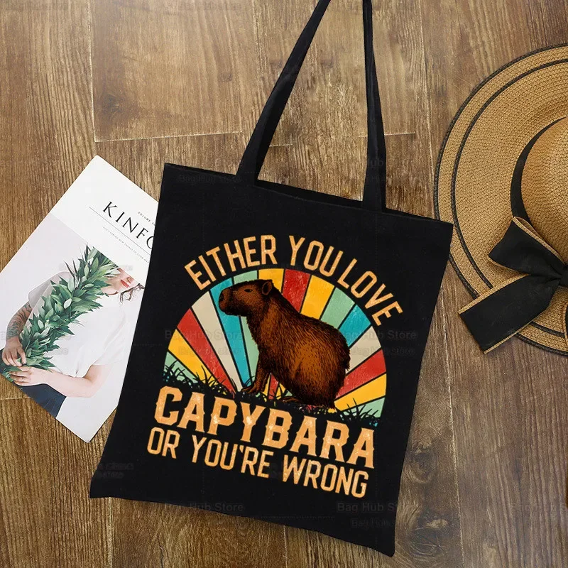 Capybara สัตว์น่ารักการ์ตูนที่กําหนดเอง Tote Bag Shopping Original Design สีดํา Unisex Travel ผ้าใบกระเป๋า Eco พับกระเป๋านักช้อป