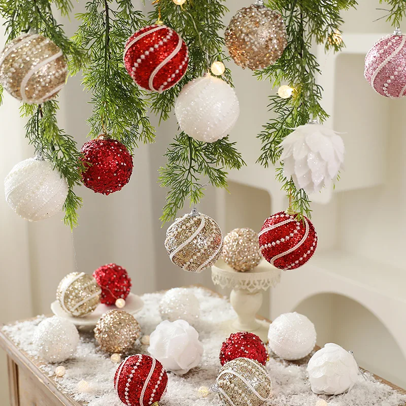 8 سنتيمتر عيد الميلاد الكرة ديكور الأبيض اللؤلؤ رغوة البتلة الكرة شجرة عيد الميلاد معلقة حلية الترتر كرات لامعة للعام الجديد احتفالي ديكور #4