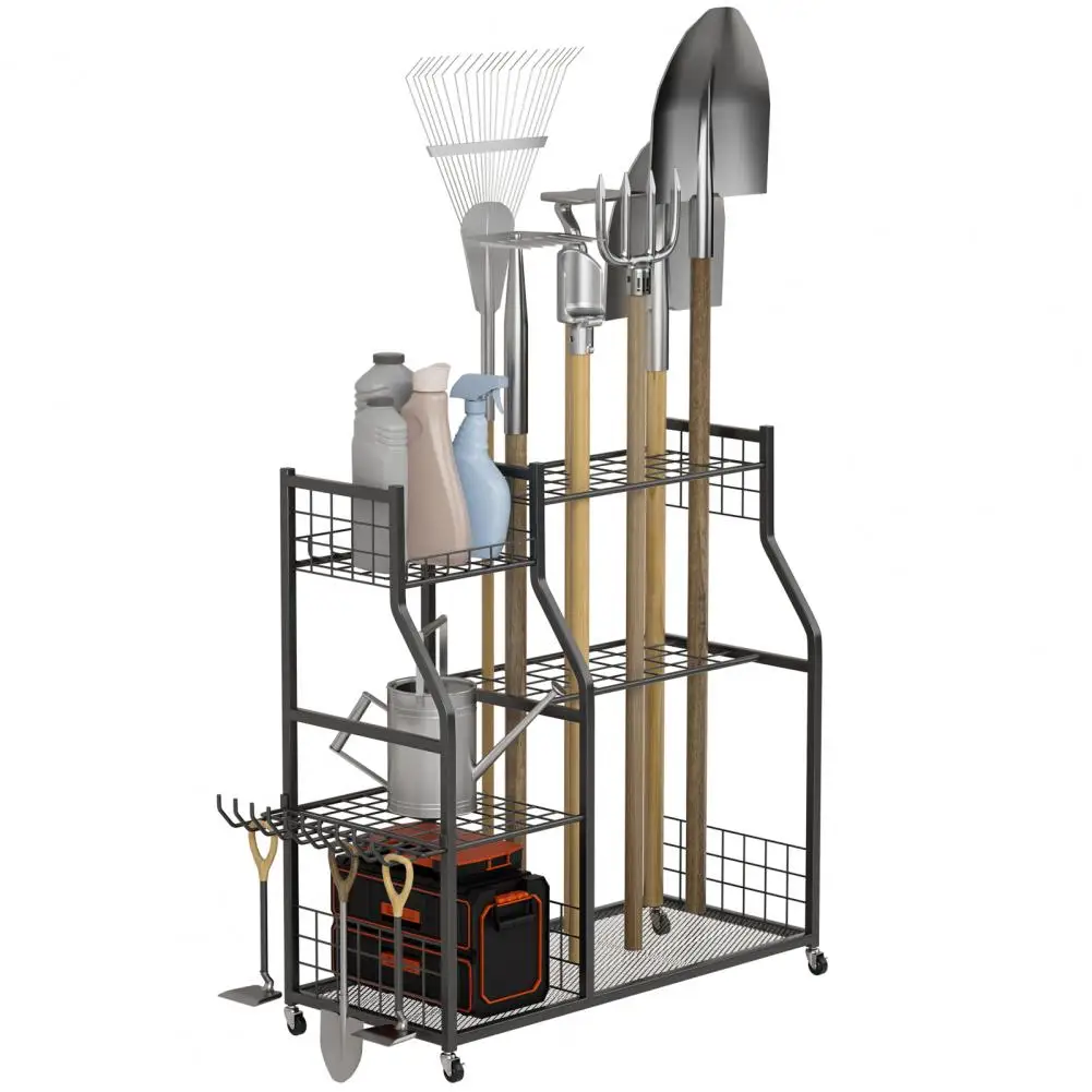 

Органайзер для садовых инструментов с блокируемыми колесами, прочная стойка для инструментов для гаража