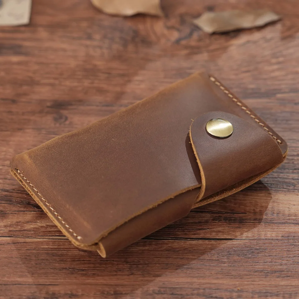 Handmade Crazy Horse หนังสําหรับชาย,Slim 2 กระเป๋าบัตรเครดิต,กระเป๋าสตางค์หนัง Minimalist