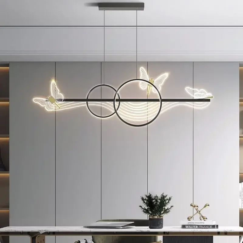 Lámpara colgante LED de lujo nórdica para restaurante, colgante para el salón Rectangular moderno, luz colgante de mariposa para estudio creativo