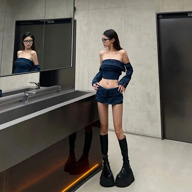 

2025 Summer New Spice Girl Denim 3 Pcs Sets Slim Fit Tube Top + Low-waisted Mini Skirt + Oversleeve Women Sexy Y2k Suits