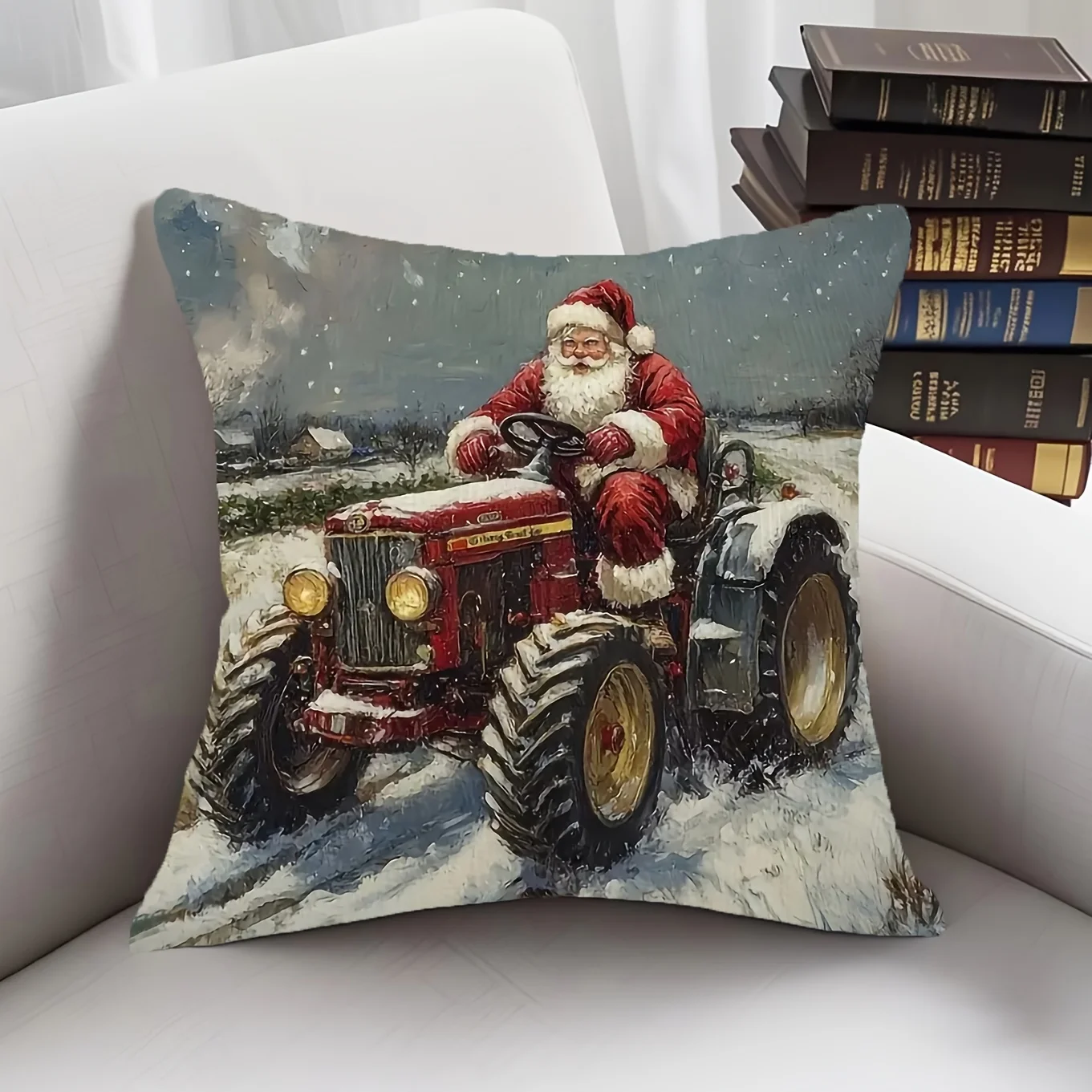 Santa Claus Driving Tractor Double Sided Pillowcase Square Home Decor Cushion Cover Room No Insert