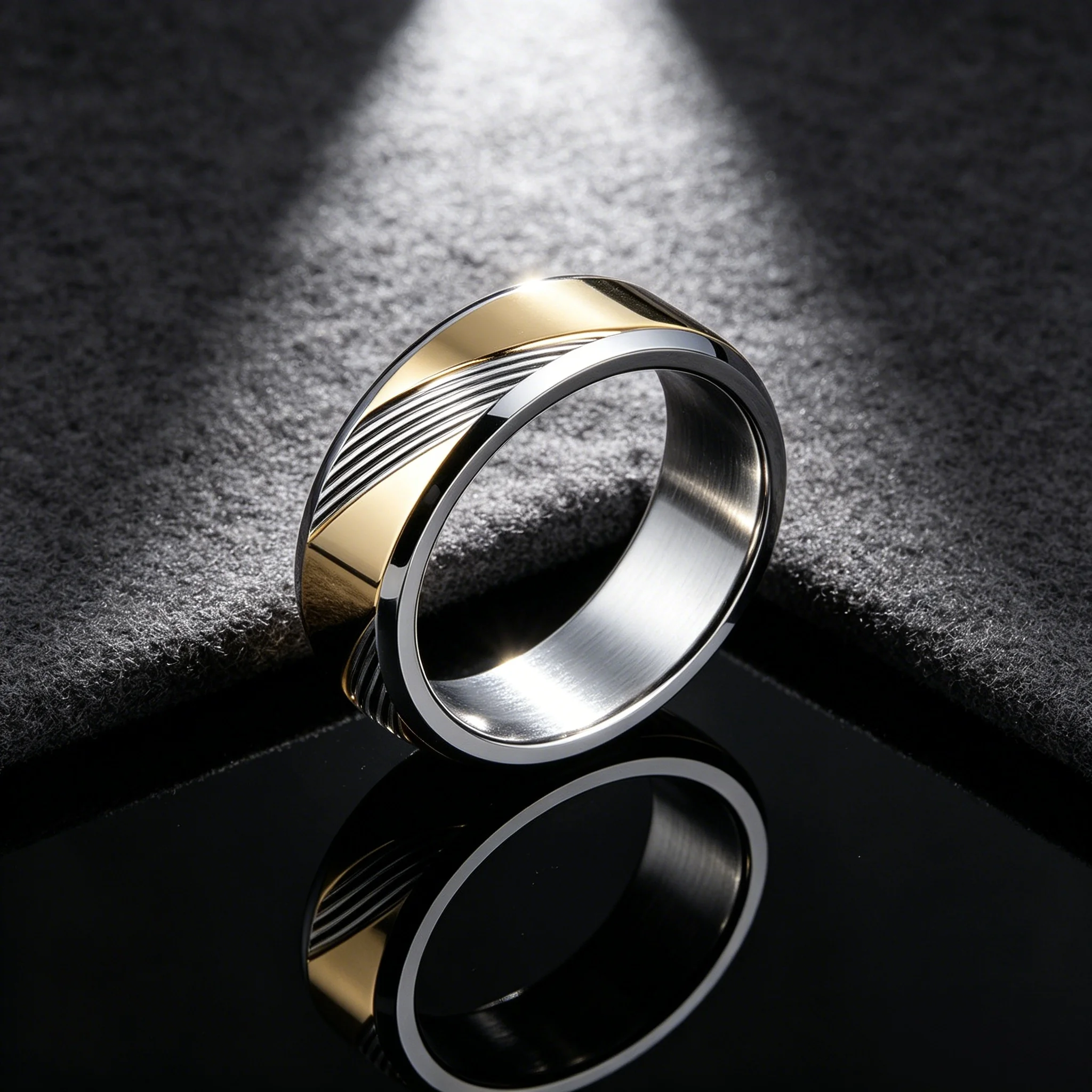 Two Tone Silver Gold Band Ring, Diagonal Grooved Line Inlay Polished Stainless Steel Unisex Wedding Band for Men Women