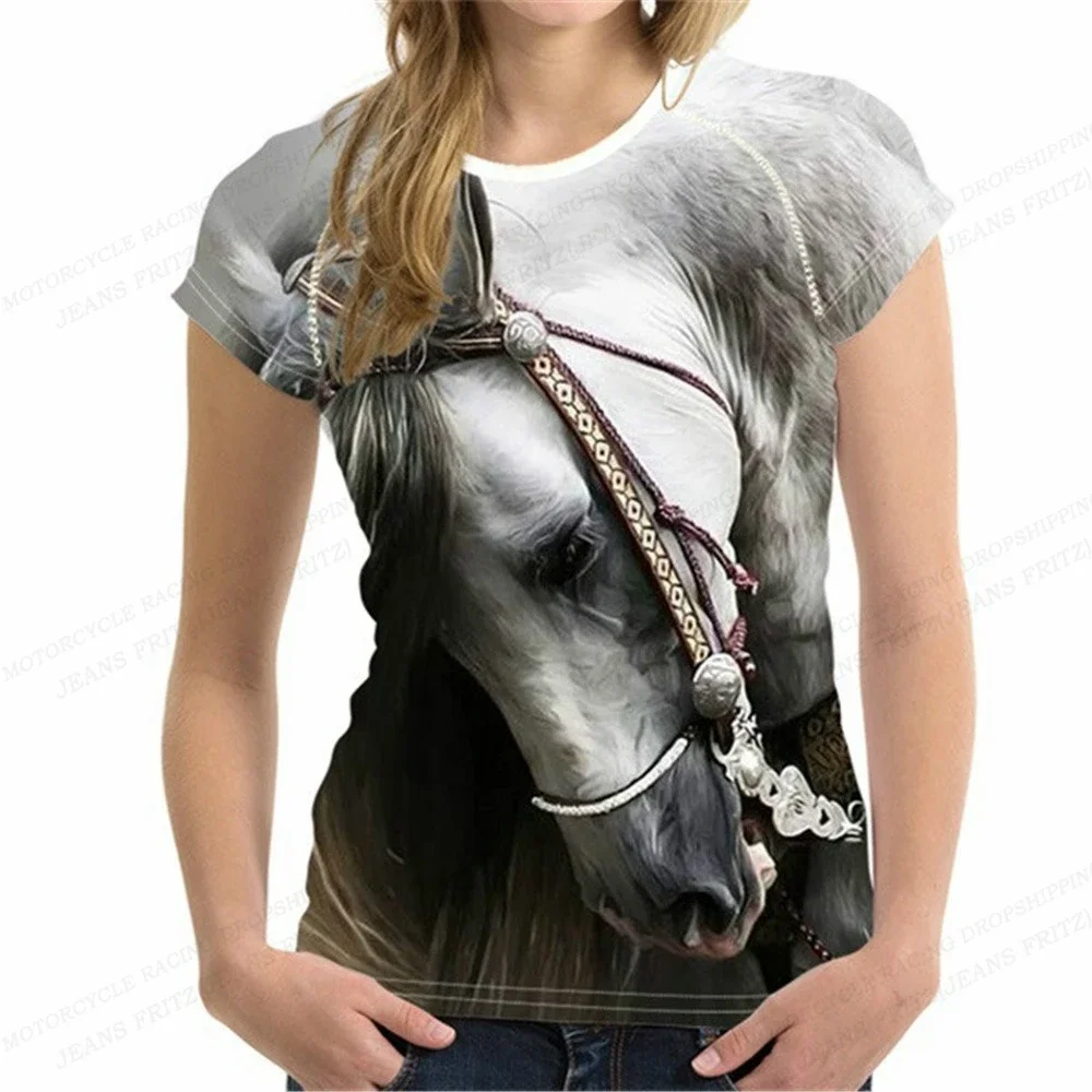 Camiseta con estampado 3d de caballo para mujer, Top de manga corta con cuello redondo de gran tamaño, ropa de animales para niña