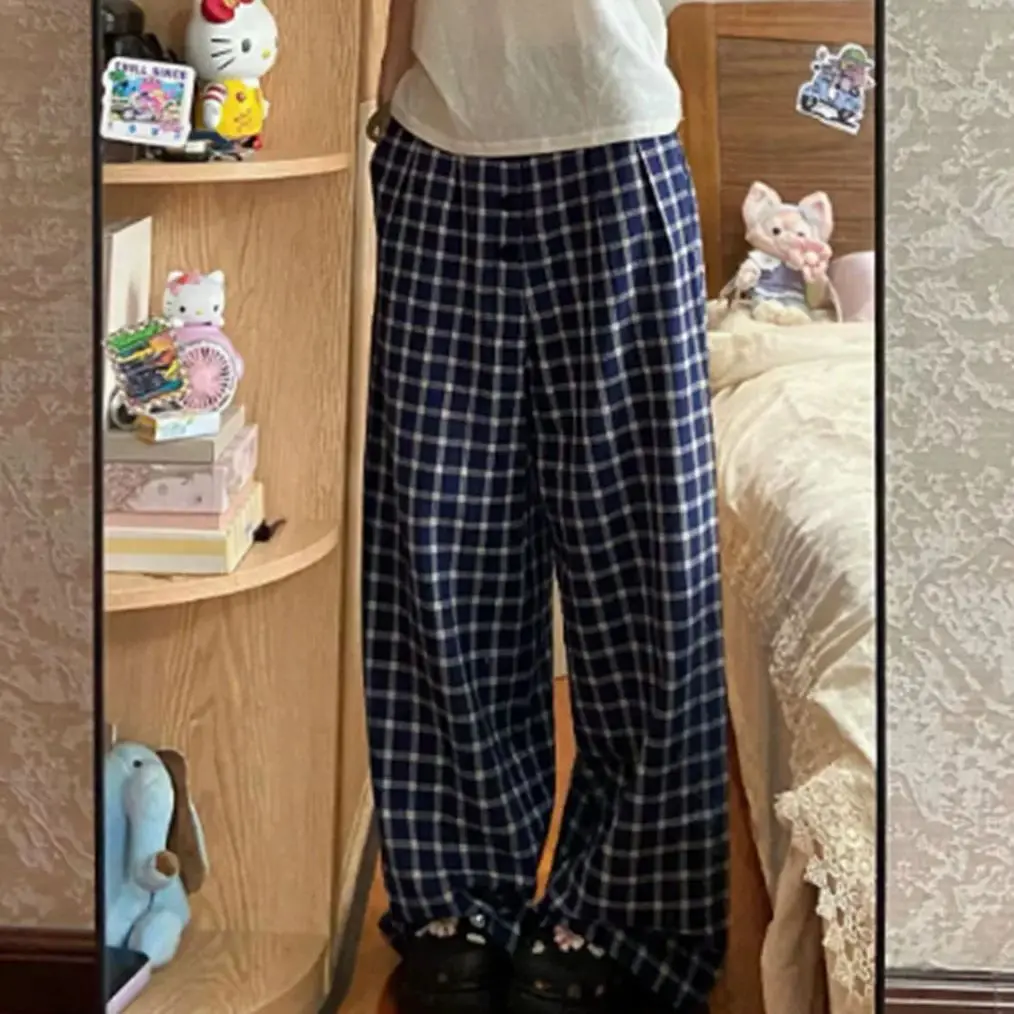 Blaue karierte Hose für Damen, lässig, Übergröße, hohe Taille, Taschen, weites Bein, Frühling, locker, Büro, Ausgehen, Spaziergang, lange Hose