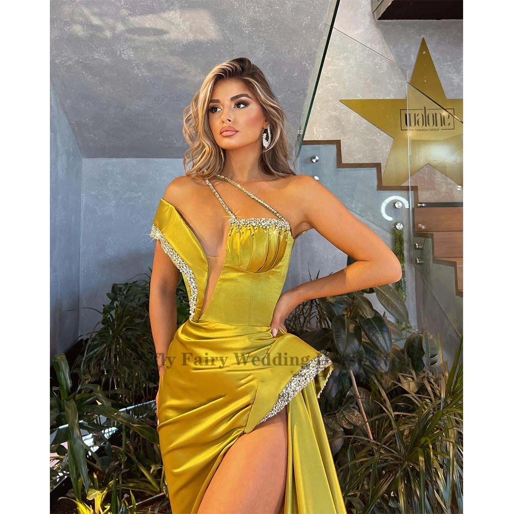 Robe de Soirée Plissée en Satin pour Femme, Tenue de Bal de Forme Formelle, avec Fente Haute, de Luxe, avec Traîne de Balayage