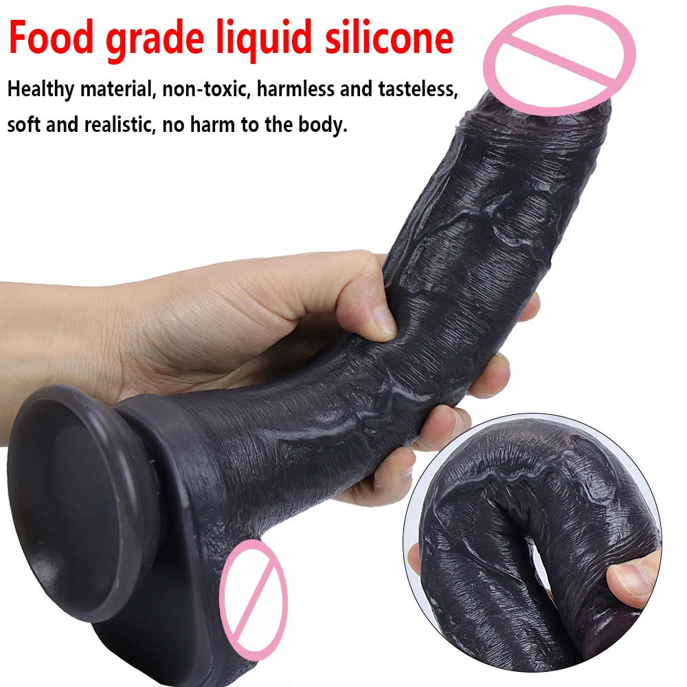 9.4 Inch Black Skin Realistic Dildo with Powerful Suction Cup Huge Penis Sex Toy Flexible G-spot Soft Dick Curved Shaft and Ball