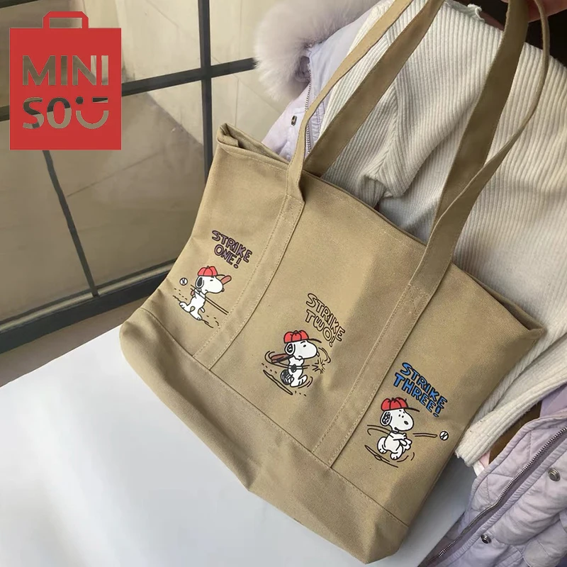 MINISO Fashion Cartoon Cute Canvas Bag borsa a tracolla di grande capacità borsa Casual da donna Snoopy Printed Tote Bag