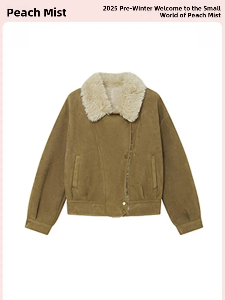 Retro Lamb Fur Collar ort Jaet Women's Winter Thi Warm Leather Fur Inteated Jaet Top Casual Loose Polyester Fiber