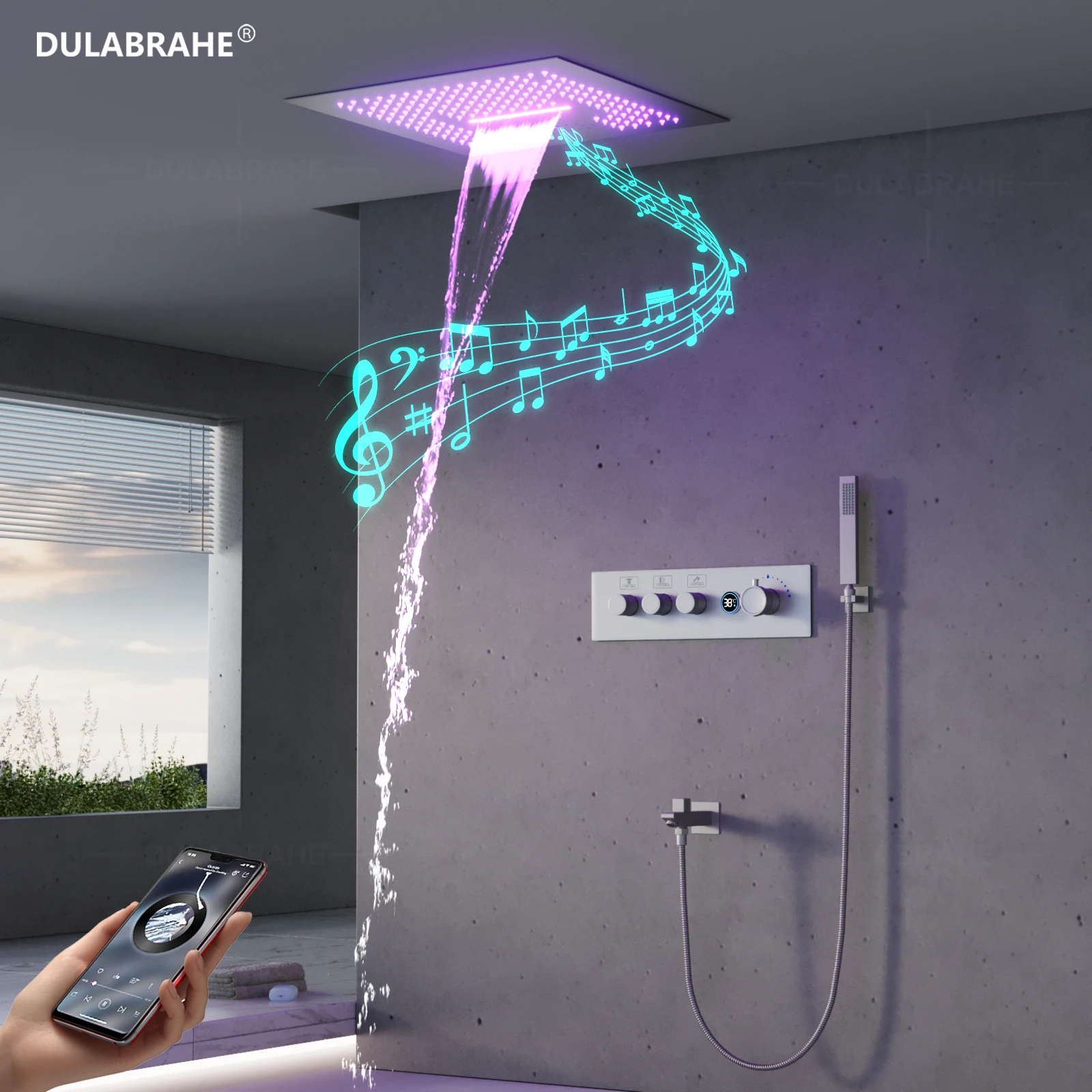 Brushed Thermostat LED Shower Faucet Set Hotel Home Rain Bath Buzz Faucet and Handheld Shower Head Bathroom Hybrid Shower Set