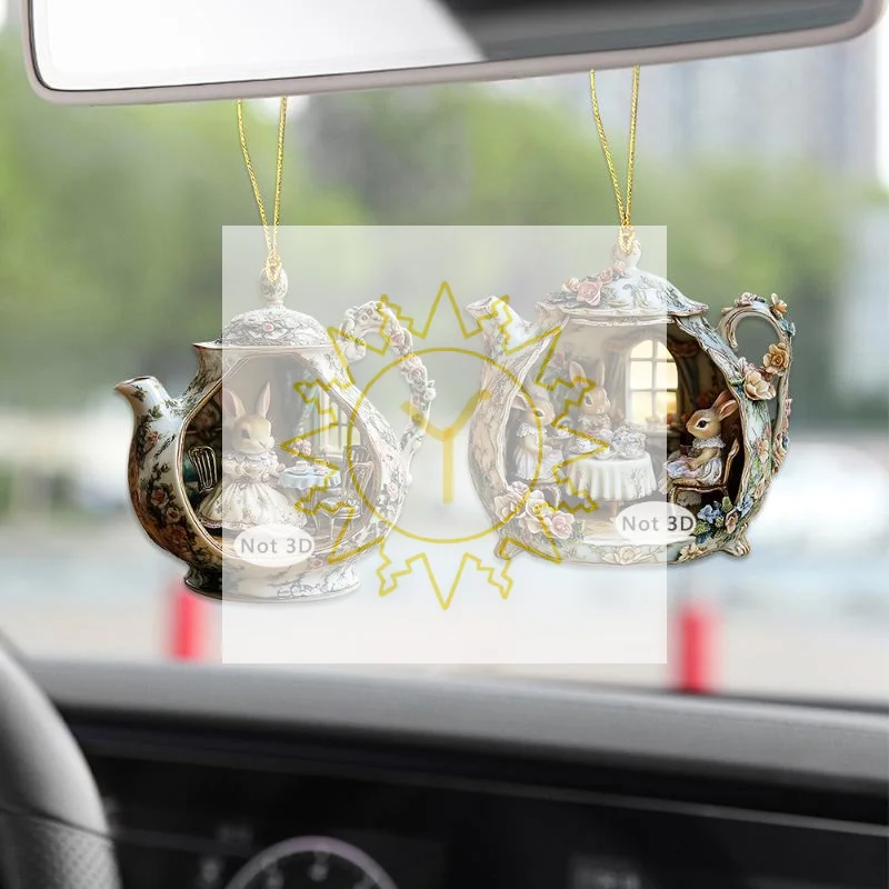 

Easter Rabbit In Teacup Decor - 2D Acrylic Pendant, Warm Home Decoration for Backpack Car Keychain Easter Home Decor Items