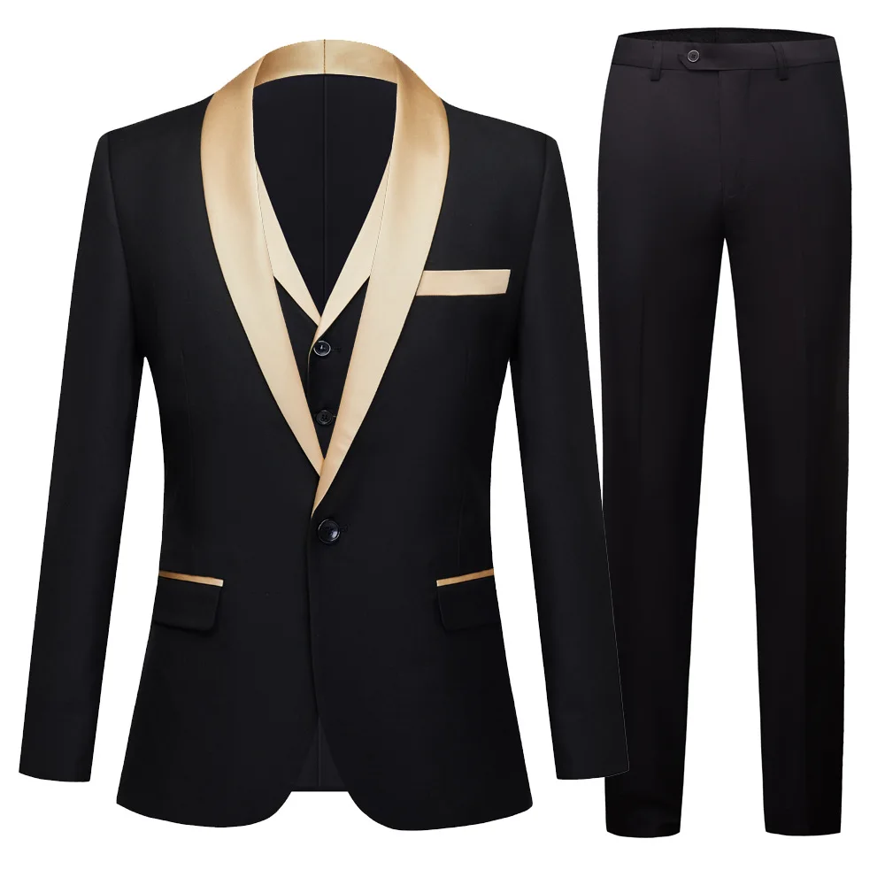 Fashion New Men's Casual Black Blazer Sets 3 Pcs/ Multicolor Small Shawl Collar Party Wedding Singer Show Suit Jacket Pants Vest