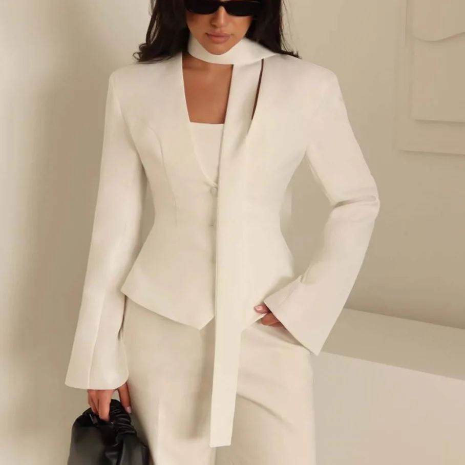 

Elegant Slim Fit Womens Suit Jacket With Scarf Tie V Neck Long Sleeved Luxury And High End Feel Spring And Autumn High Waisted J