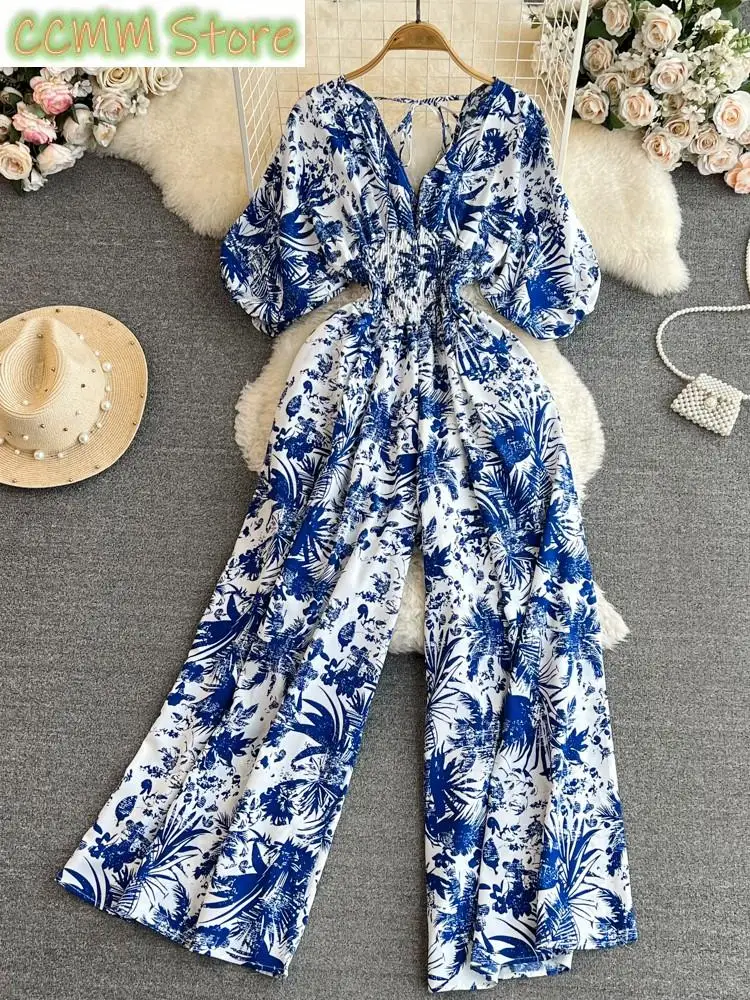 

Summer Casual Printed Wide Leg Jumpsuits for Women Fashion V-neck Vacation Beach Romper Short Sleeve Playsuits Female Clothes