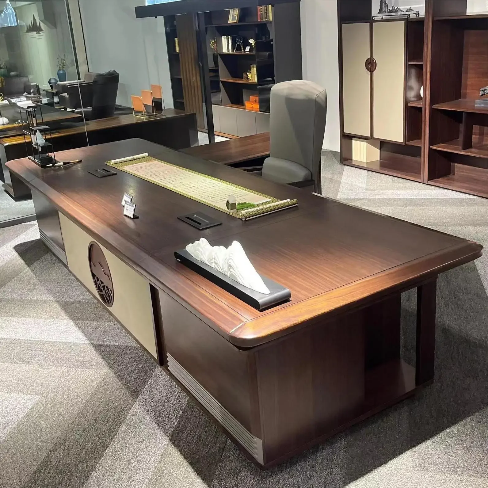New Chinese black walnut solid wood with side cabinet office desk and chair combination high-end office furniture