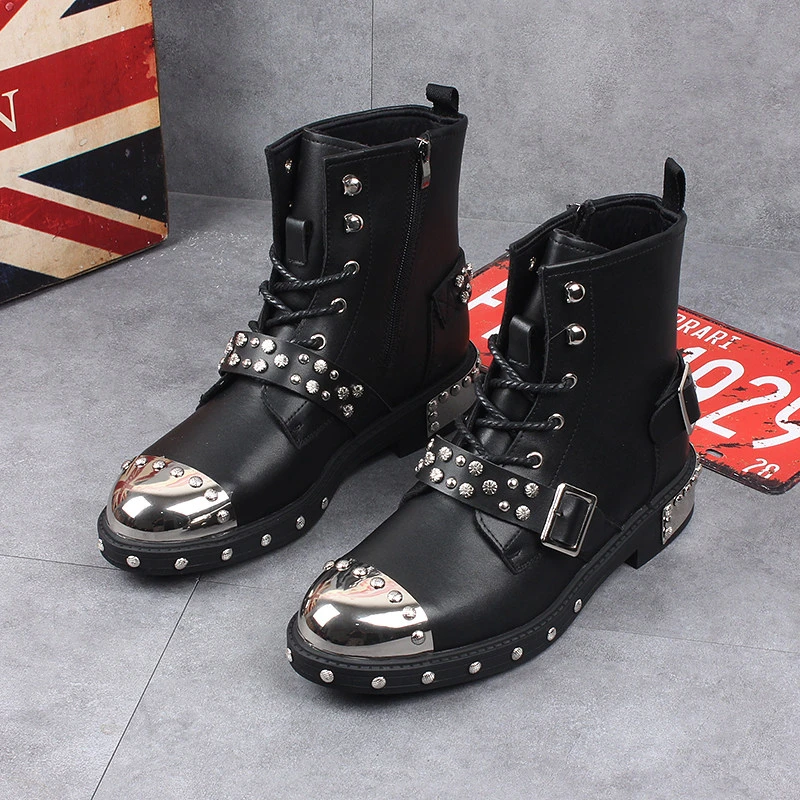 mens fashion punk gothic high motorcycle boots black designer rivets shoes cowboy natural leather boot long platform cool botas