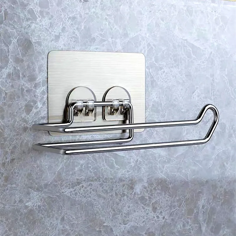 1pc Tissue Dispenser Multifunction Toilet Kitchen Roll Paper Holder,Stainless Steel Repeatedly Washable Stick Hooks Rack