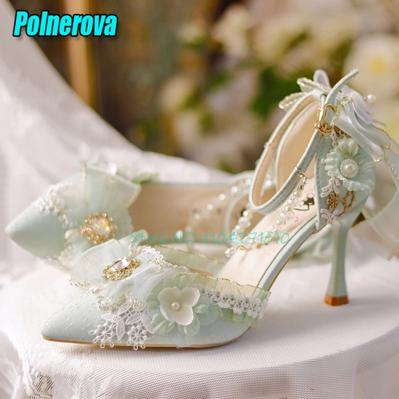 Lolita Pearl Chain Ankle Buckle High Heels Women Wedding Dress Shoes Sweet Lace Trim Flower Decor Pointed Toe Stiletto Pumps