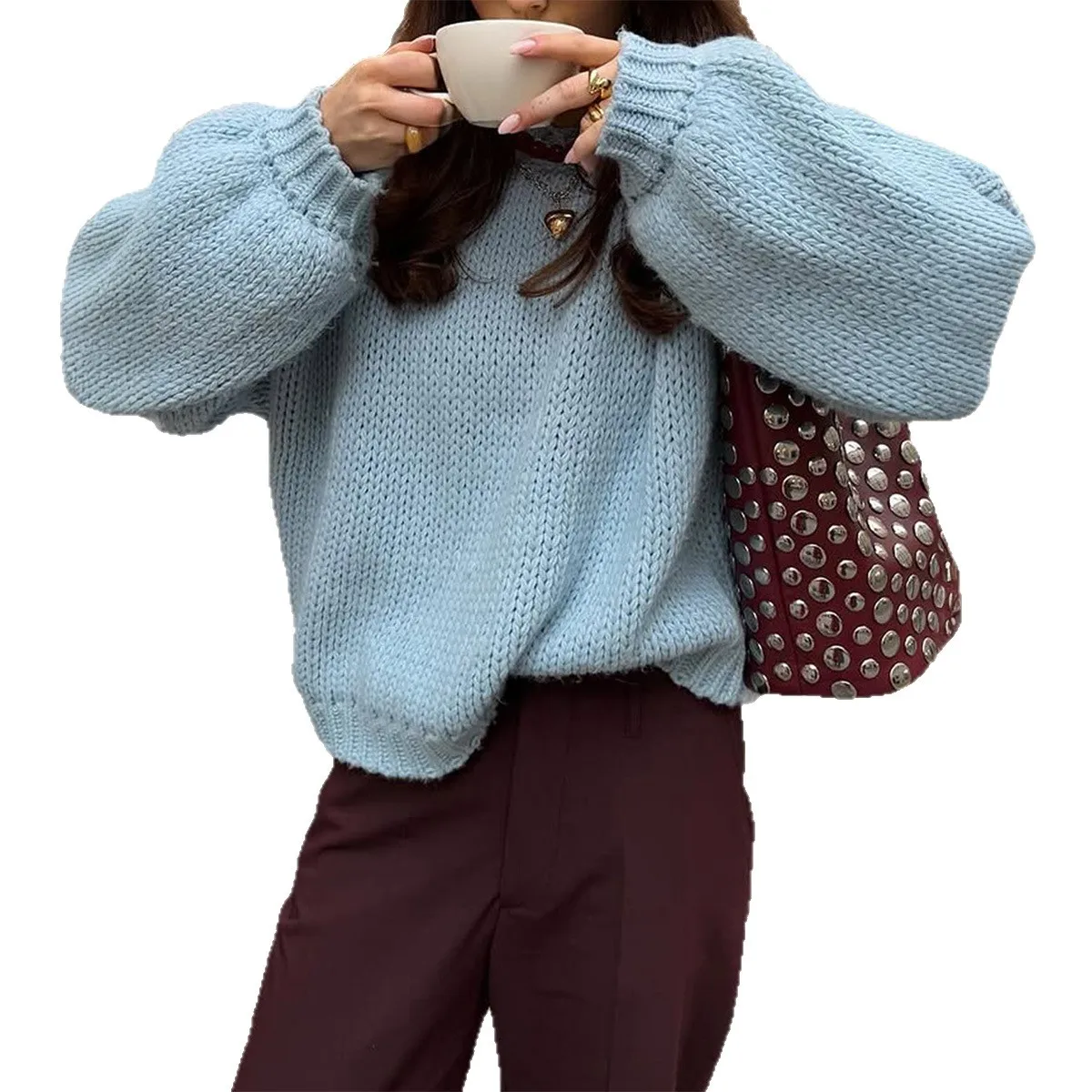 2025 suéter para mujer, Tops, suéteres para mujer, ropa básica informal Simple con cuello redondo, suéter con forro interior de manga larga