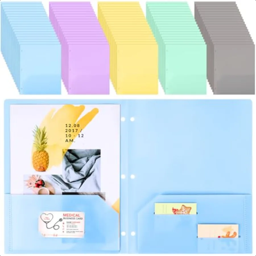 

100 Pcs Pastel Colors Plastic Folders with Pockets Heavy Duty Folders Bulk with 4 Pockets 3 Hole Punch Pocket Folders with Busi