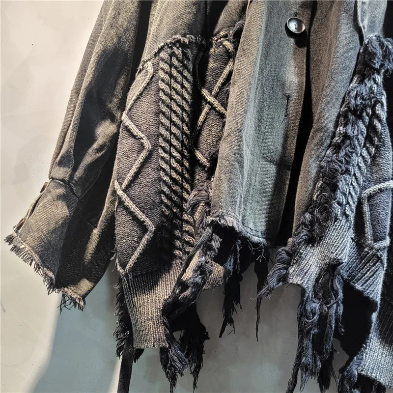 2024 가을 새로운 느슨한 대형 디자인 니트 술 스티치 여성 패션을위한 고민 된 코트를 씻어