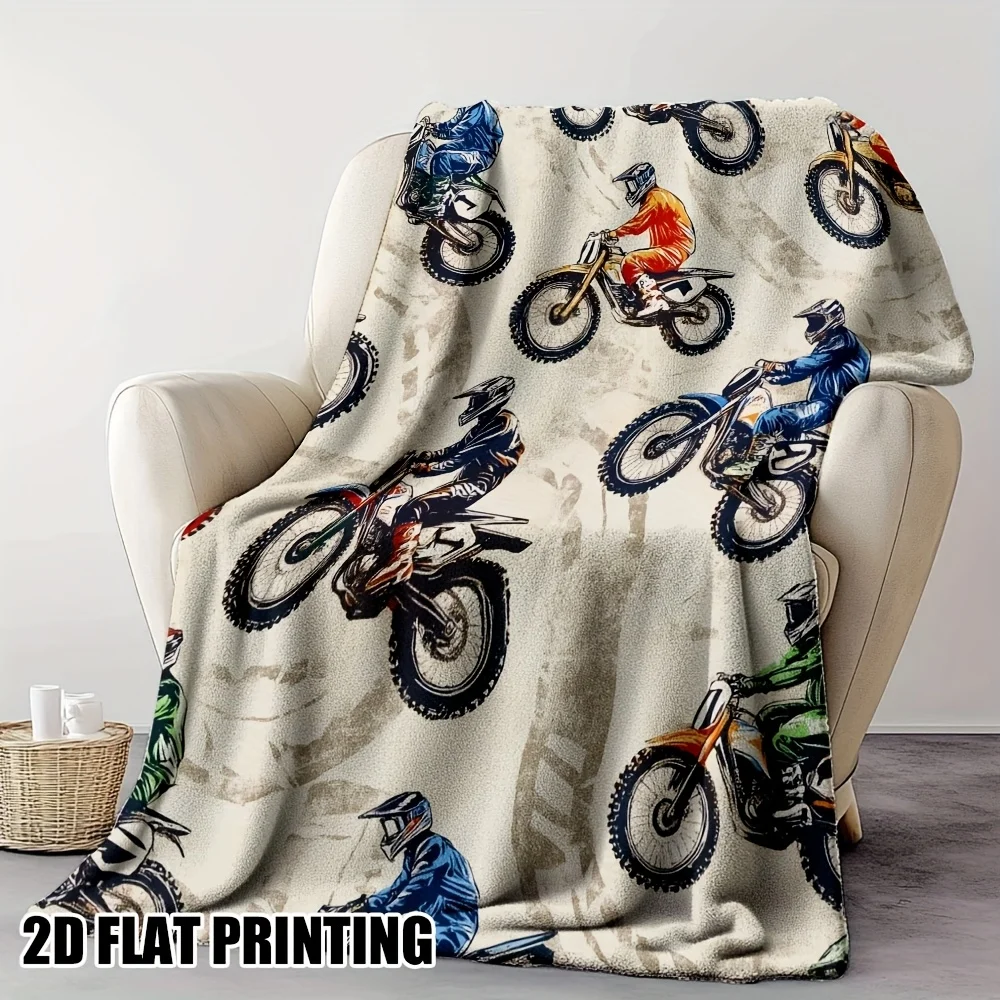 1pc Vintage Motorcycle Racing Pattern Flannel Blanket - Comfortable and Soft with a Dynamic Dirt Bike Design, Warm and Anti-pill