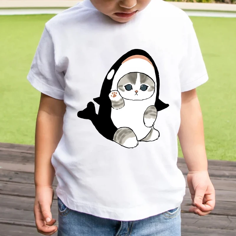 T-Shirt Girl Boy Short Sleeve Summer Shark Cat T Shirts Korean Fashion Trend Tops Cartoon Anime Kids Animal Kitten Kawaii Tshirt