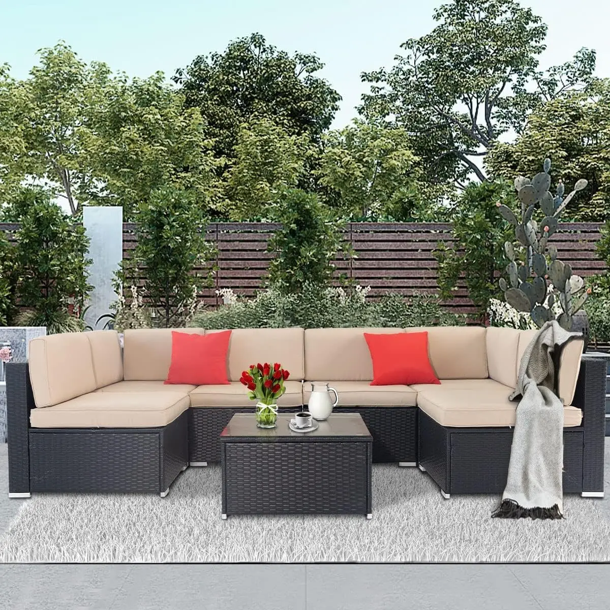 Outdoor Patio Furniture Sofa Set Rattan Wicker Sectional Conversation Sets with Glass Top Table and Cushions