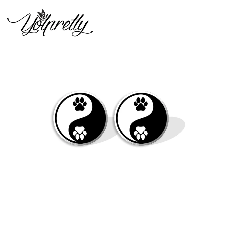 2022 New Arrival Fashion Black Yin Yang Cute Dog Paw Bones Prints Epoxy Stud Earrings Handcraft Acrylic Resin Earrings