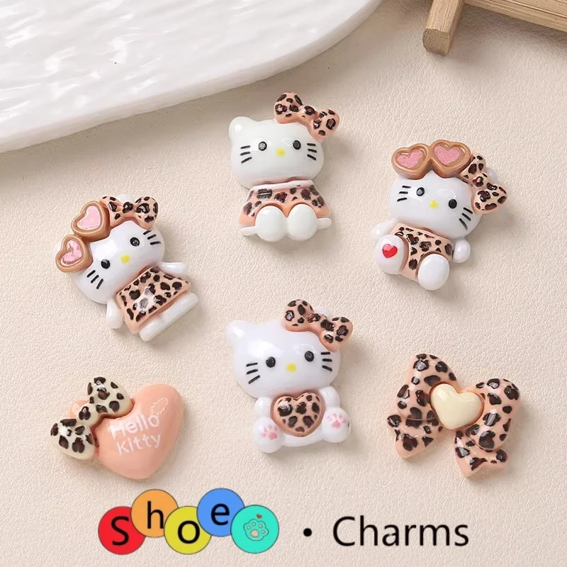 6Pcs Sanrio Leopard Print Hello Kitty Shoes Accessories Cream Glue Handmade Resin Material For Shoes Charms
