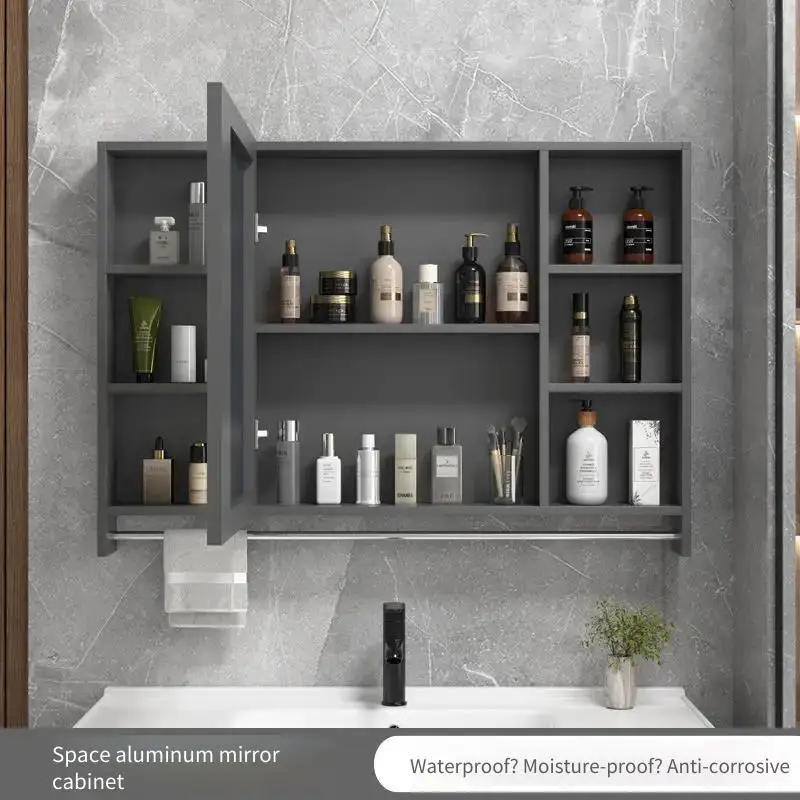 Space Aluminum Wall Mounted Mirror Cabinet, Rustproof Bathroom Storage Mirror 50/60/70/80cm