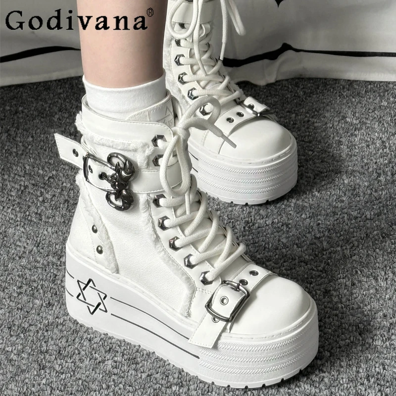 

Y2K Subculture Japanese Original Punk Style Thick-Soled Canvas Ankle Boots Sweet Cool Girl Versatile Round-Toe Casual Shoes