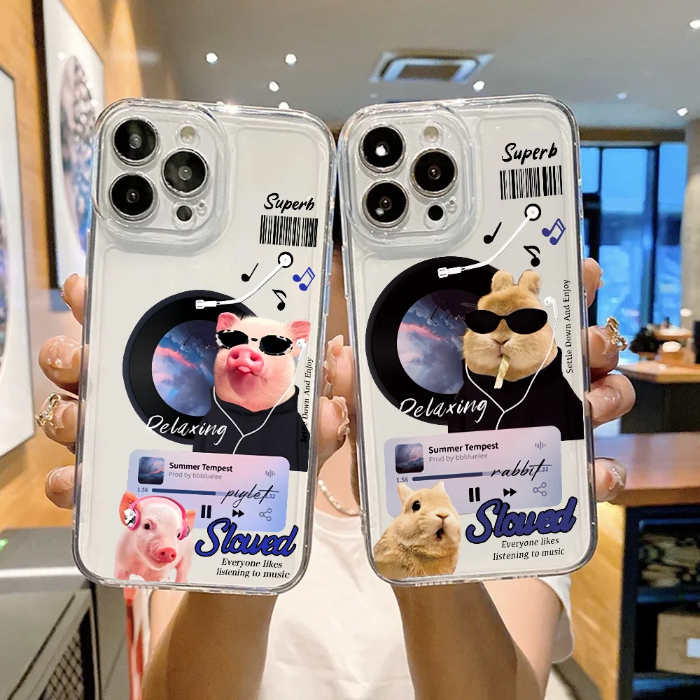 パロディー ピッグ ラビット コラージュ レコード アート スマホケース iPhone 12 11 13 14 15 16 17MINI Max Pro Plus 耐衝撃 ソフト クリアケース
