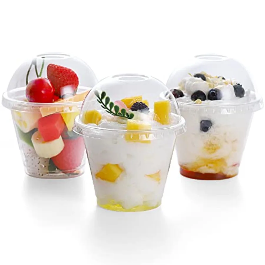 

9 Ounce -100 Pack plastic cups with dome lids Plastic Cocktail Glasses with lids Plastic Drinking Cups with Lids Bulk Party Cup