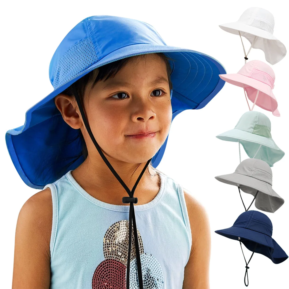 

Spring Summer Sun Hat Beach Sun Protection Neck Bucket Hats Kids Girls Boys Adjustable Children Fisherman Hat Baby Accessories