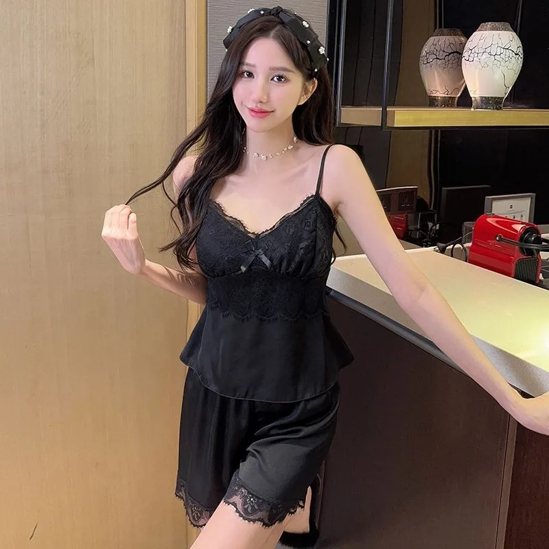 Silk Suspenders Pajamas Women Summer Nightwear Thin Lace Loungewear Sexy Luxury Homewear 2024 New Sling Set Shorts Sleepwear