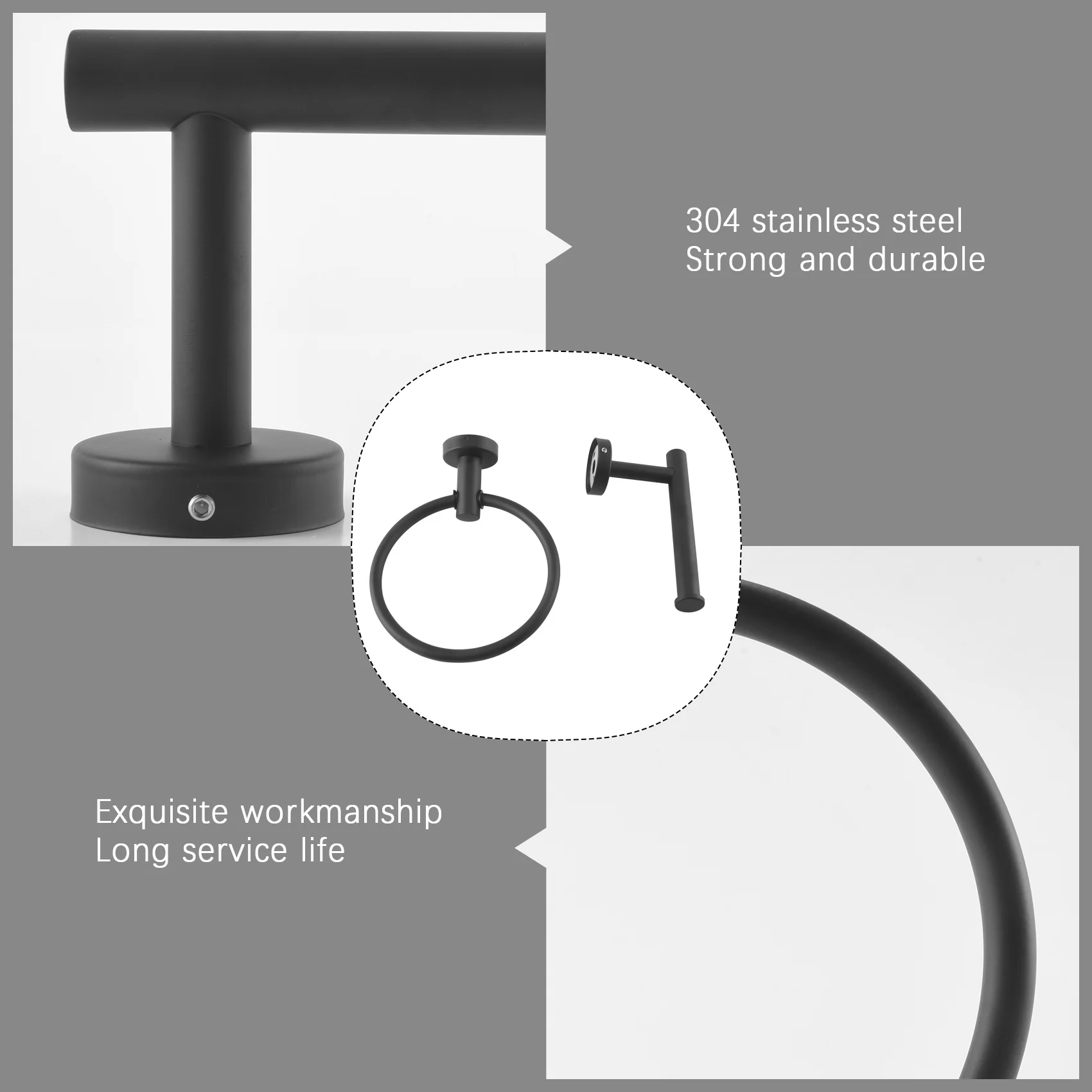 

AEE6-2Pcs Bathroom Hardware Black Towel Ring And Toilet Paper Holder Stainless Steel Bathroom Hand Towel Holder Towel