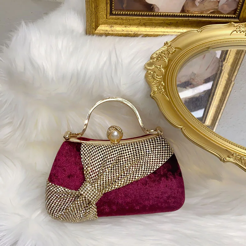 Fashion Dinner Bag Pleated Bow Dress Party Banquet Handbag Temperament Velvet Handbag