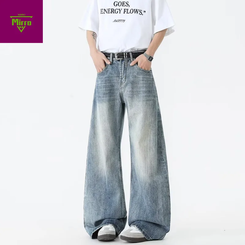 

【Mirrordust】Autumn Blue Loose Straight Jeans Casual Plain Denim Washed Wear-resistant Jeans