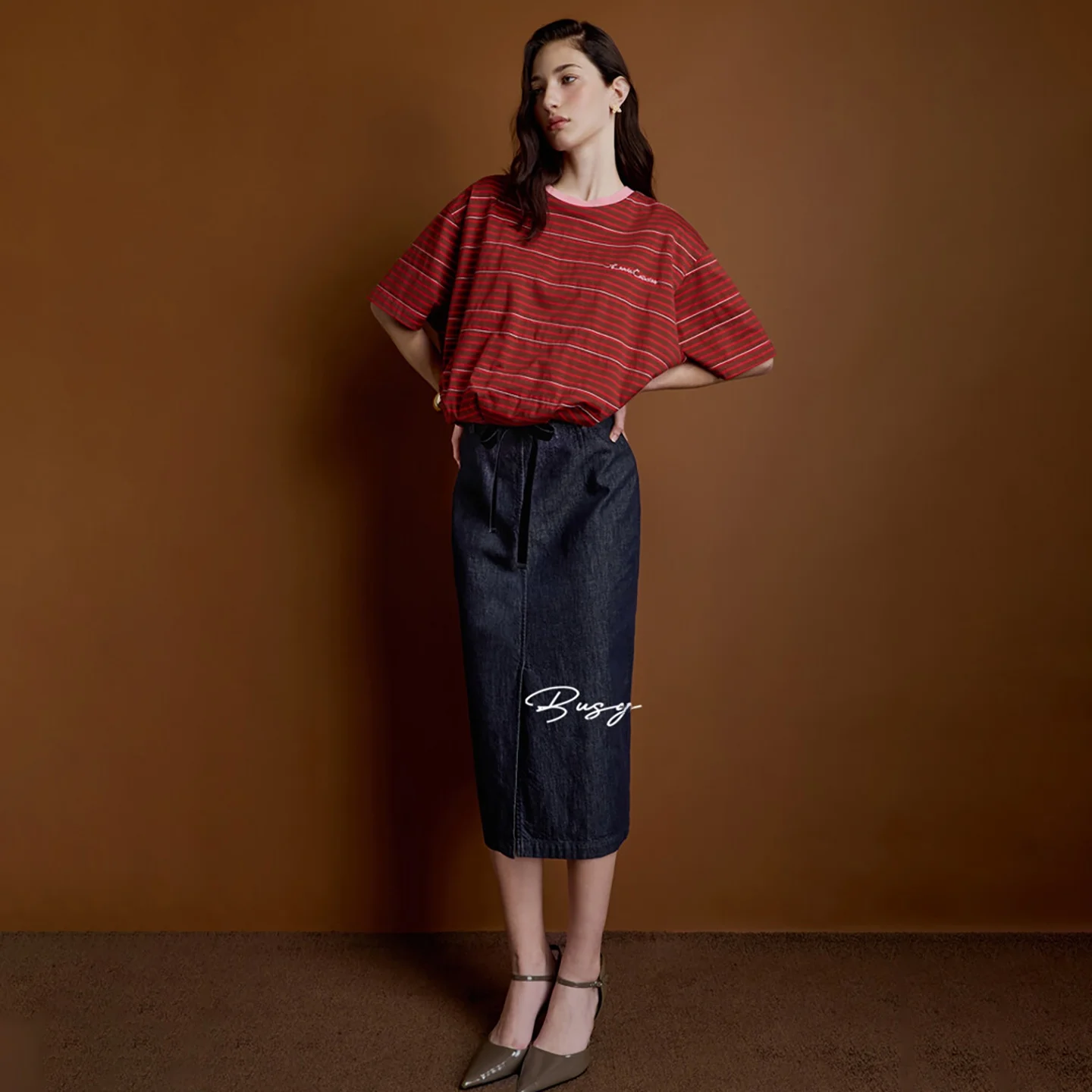 

High Waist Cotton Commuter Skirt V-ape Slimming f-length Self-Kee Split ket Korean Sle Loose Fit Ladies Skirt
