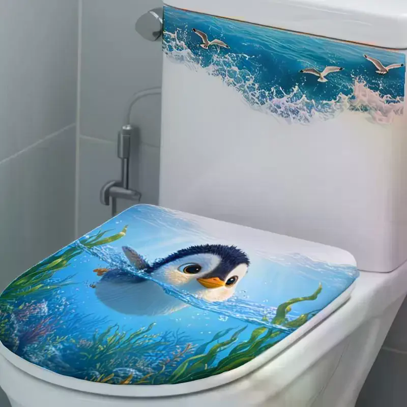 Cartoon Penguin Ocean Print Toilet Lid Sticker Waterproof Self Adhesive Design Perfect Home Bathroom Decor Easy Apply
