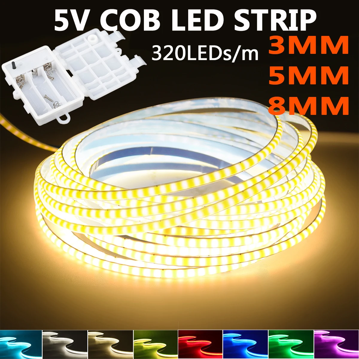 5V Batteriebetriebene COB LED-Lichtleiste 3MM 5MM 8MM PCB Warmweiß/Weiß/Rosa/Rot/Gelb/Eisblau/Grün 320LEDs Flexibles Band für Heimdekoration