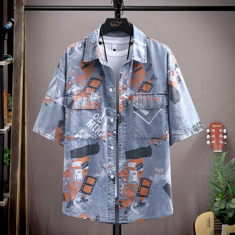 

2026 new style mens Letter pattern denim shirts high quality Summer fashion Casual slim fit denim shirt men full size M-3XL