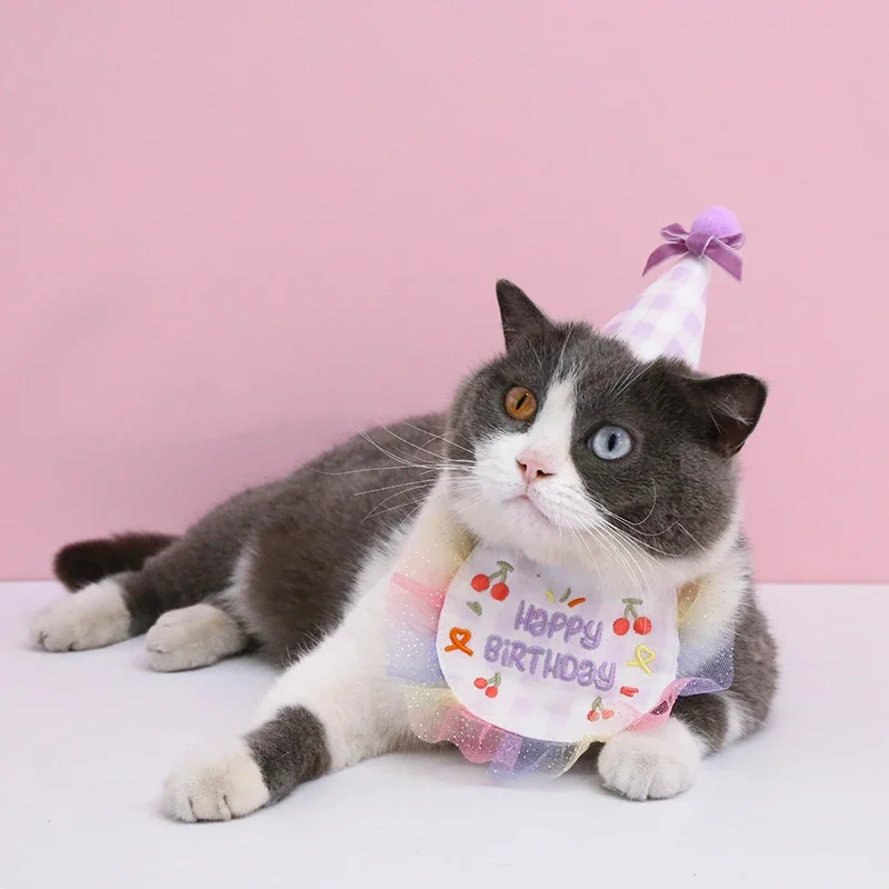 Pet Cat Birthday Dress Up Supplies Sweety Style Tassels Party Hat Lace Saliva Towel Birthday Party Kitten Puppy Headwear