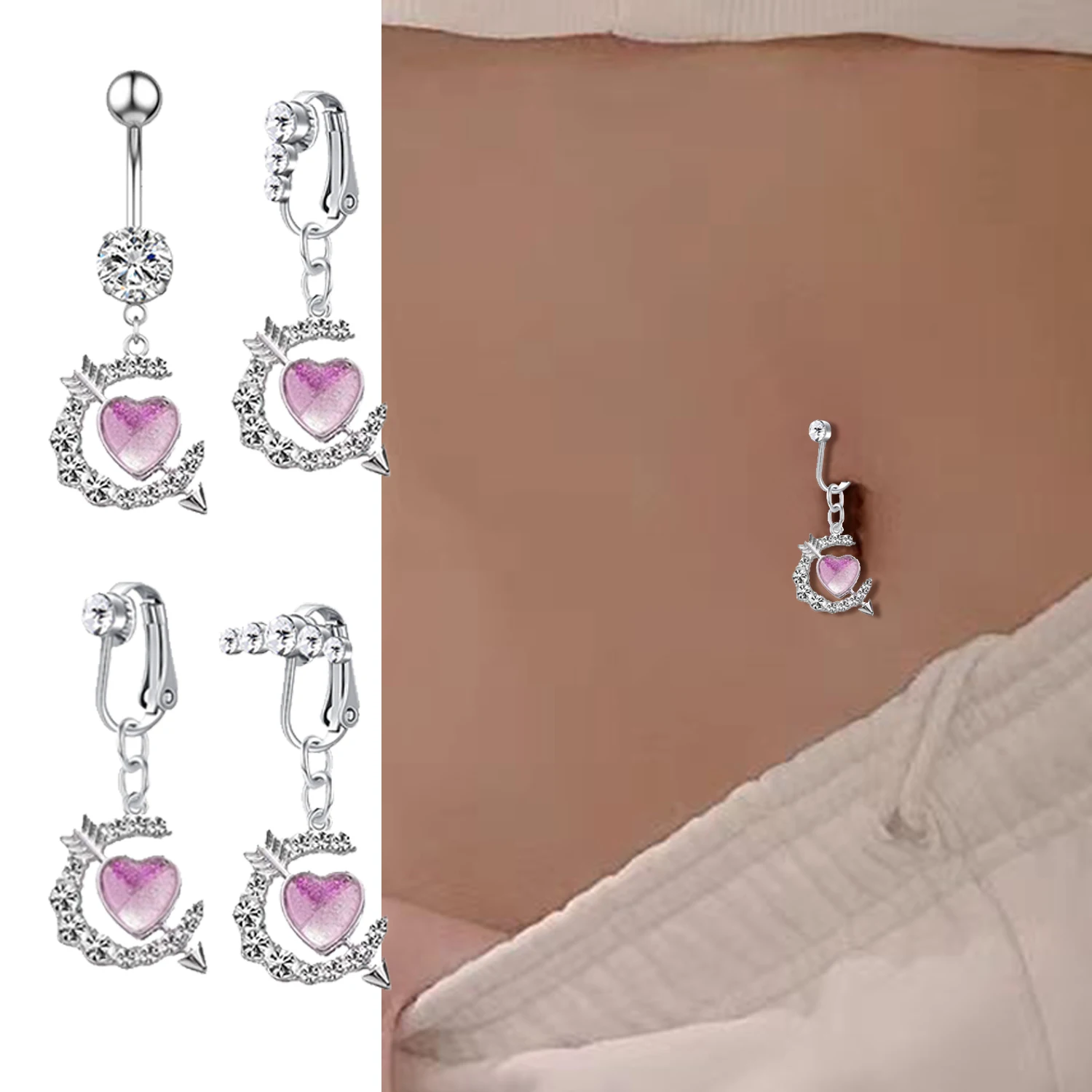 Piercing falso para el ombligo Umbilical para mujer, Piercing con forma de corazón, pendiente de cartílago, Clip de Luna