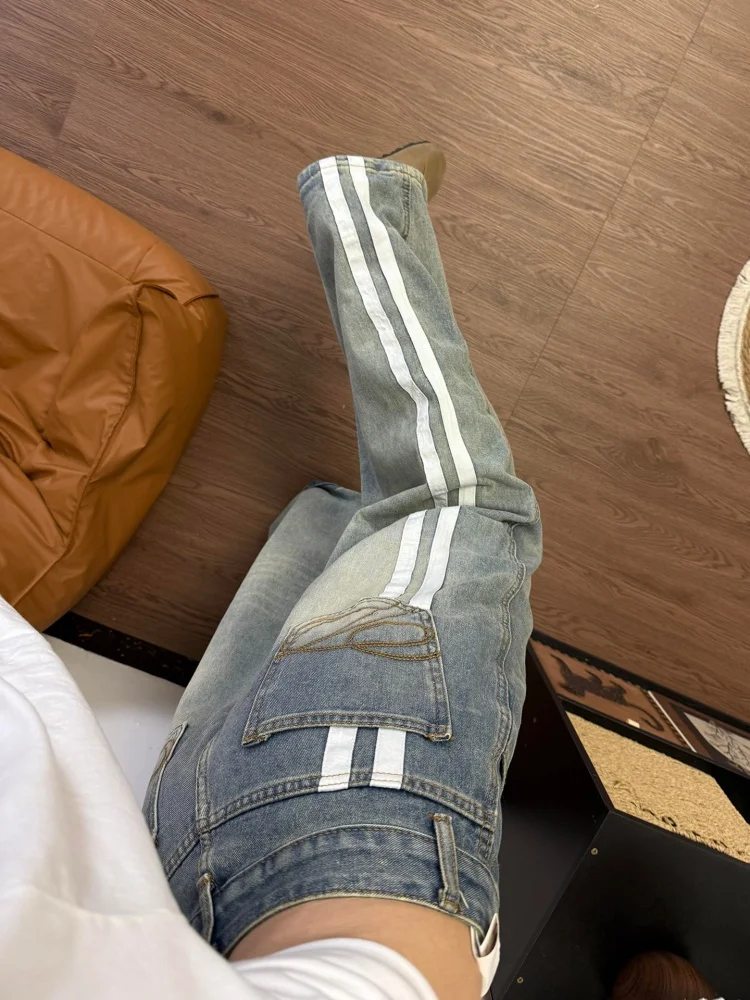 

Retro American Style Distressed Knife Straight Leg Casual Jeans Women's Loose Wide Leg Pants Spring Seasonal Wear