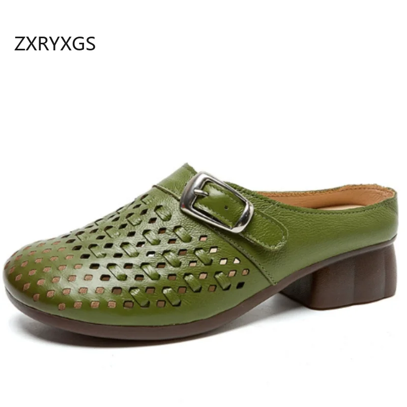 ZXRYXGS Soft Cowhide Round Toe Hollow Outdoors Slippers 2026 Summer Genuine Leather Slippers Mid Heel Soft Sole Trendy Slippers