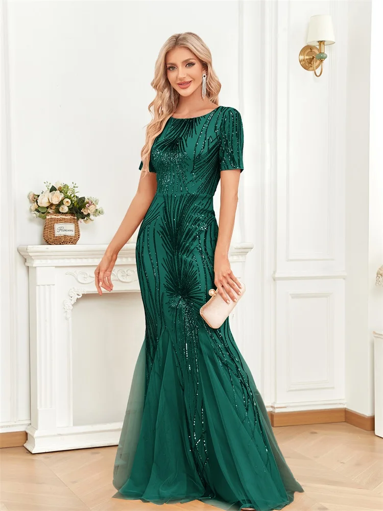 Lucyinlove Elegant Short Sleeves Sequins Green Evening Dress For Women Luxury Mermaid Party Prom Cocktail Gowns Dresses